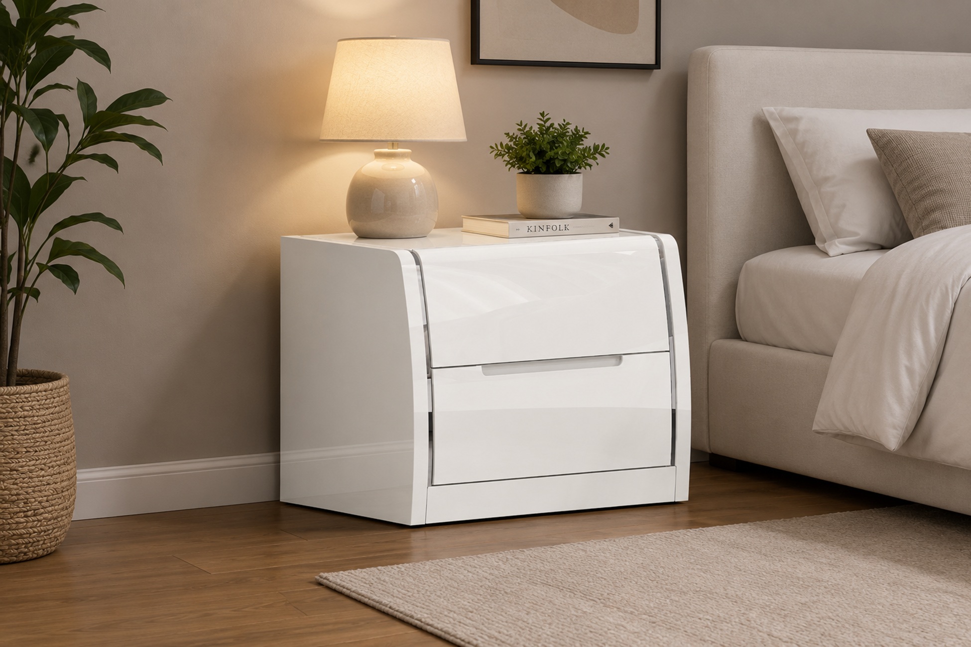 K-Living Phoebe Solid Wood Nightstand in High-Gloss White Finish