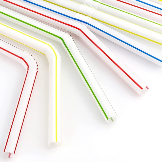 Jumbo Smoothie Straws, Fat Boba Straws for thick smoothies, bubble tea, shakes, and slushies, featuring assorted striped colors in red, green, yellow, and blue. Made from durable, food-grade BPA-free polypropylene, these flexible plastic straws are disposable or reusable, ideal for versatile beverage use and drinkware accessories.