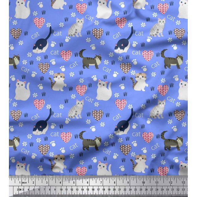 Soimoi Poly Georgette Fabric Heart,Footprint & Cat Animal Print Fabric by The Yard 42 Inch Wide