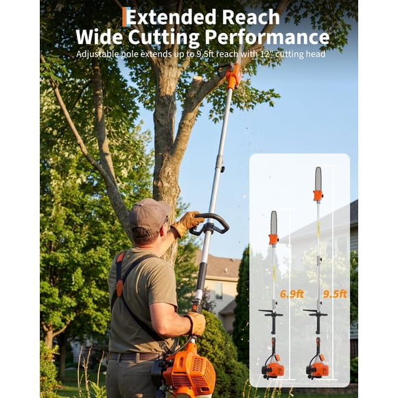 Gas Powered Pole Saw – 43cc 2-Stroke Engine, 12 Inch Chainsaw, Extendable to 9.5FT, Lightweight Pruner, Anti-Vibration Handle, Perfect for Tree Trimming, Branch and Limb Removal – Orange