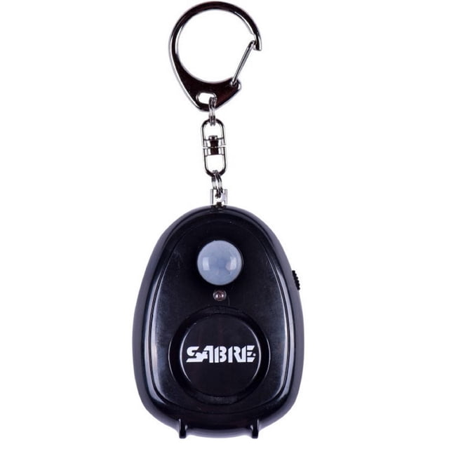 Sabre Personal Safety & Motion Sensor Alarm Black keychain alarm with a black oval body featuring a white motion sensor dome above a circular button with the SABRE logo, attached to a silver metal keyring clip for portable personal security.