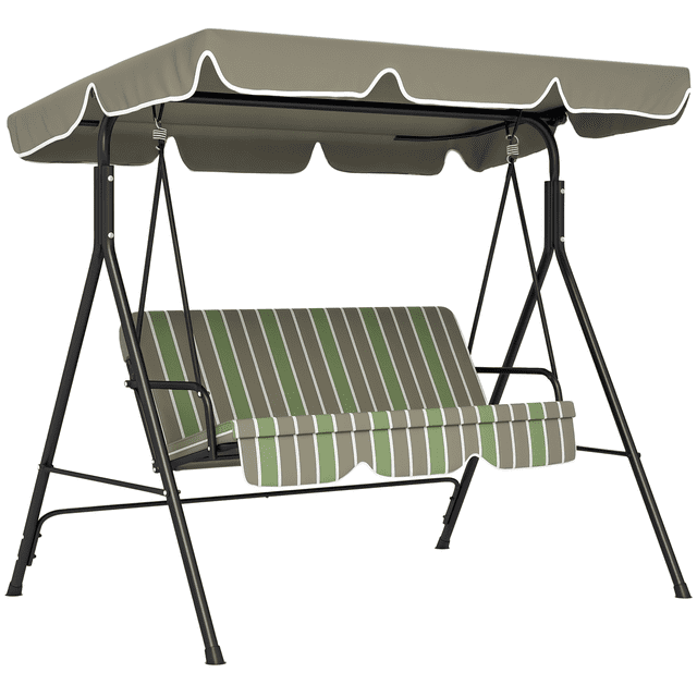 Outsunny Chaise Balançoire de Patio à 3 Places avec Auvent Réglable Vert et Brun. Cette Balançoire à Auvent Présente un Cadre en Acier Enduit de Poudre durable, des Sièges Rembourrés à Rayures et un Auvent en polyester Ajustable pour l'Ombre. Conçue pour Assoir Confortablement Trois Adultes avec Accoudoirs pour un Confort Accru, Elle Est Parfaite pour Se Détendre à l'Extérieur sur les patios, Jardins Ou porches.