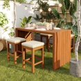thumbnail image 1 of 5 Piece Outdoor Bar Set, Patio Acacia Wood Bar Height Table & Four Stools with Cushions, Wood Dining Bar Set for Backyard, Poolside, Balcony, Beige Cushion and Natural Wood, 1 of 5