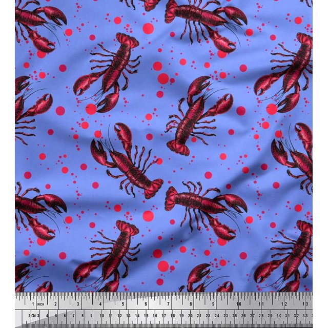 Soimoi Poly Georgette Fabric Dot & Lobster Ocean Printed Fabric 1 Yard 42 Inch Wide