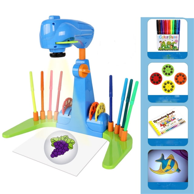 Writing & Drawing Board for Kids Projector Drawing Toy with Erasable Doodle Board Intelligent Projection Tool 4 Cartoon Patterns 12 Color Brushes Educational Art Experience, 34x30 cm, Blue