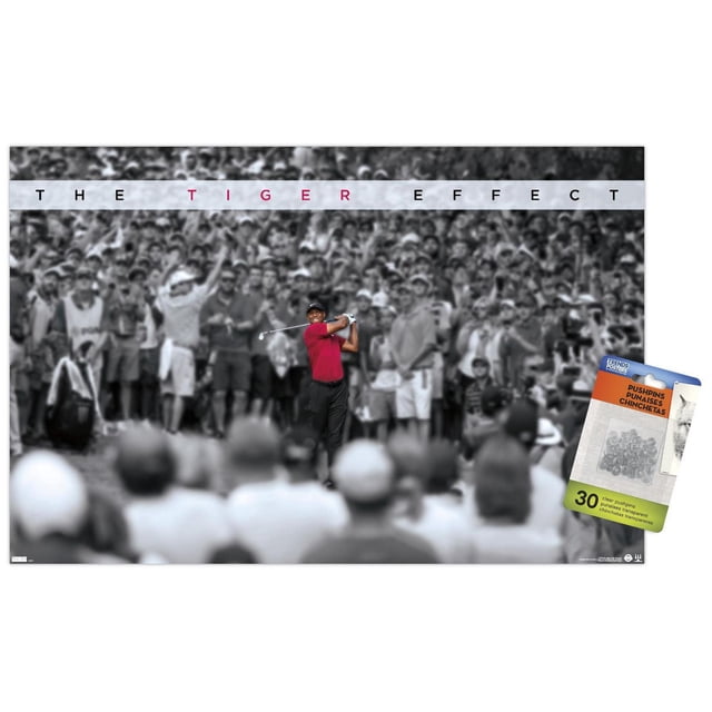 Tiger Woods - The Tiger Effect Wall Poster featuring a golfer in a red shirt and black pants swinging a golf club, highlighted in color against a black-and-white crowd background with 'THE TIGER EFFECT' text above, ideal for home or office wall decor.