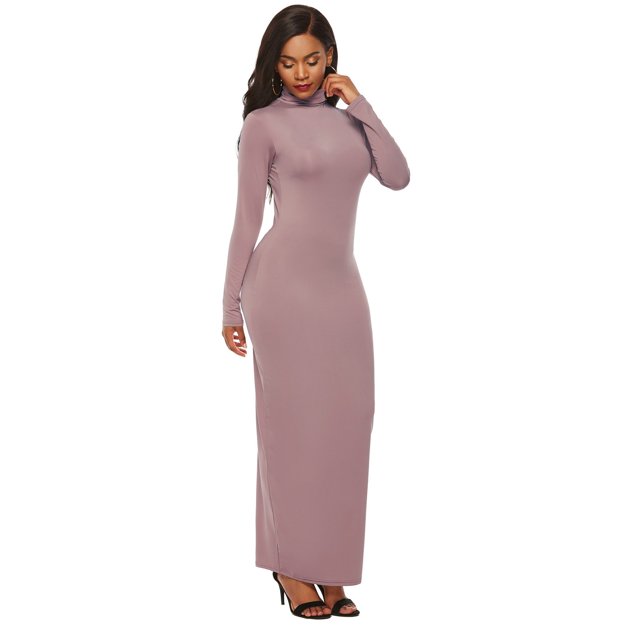TopLLC Longues Robe à Manches à Col Rond pour Femme Décontractée Couleur Col Montant Manches Longues Extensible Ajustée Longue Robe Haut pour Femme