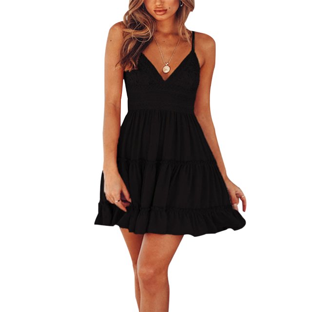 CAROOTU Lace Slip Dress Piecing Backless Bowknot V Neck Spaghetti Strap Above Knee Length Dress