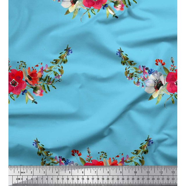 Soimoi Rayon Fabric Leaves & Anemone Flower Decor Fabric Printed Yard 42 Inch Wide