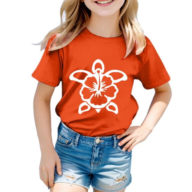 T-shirts Filles Mode Imprimé Tortue Col Rond Manches Courtes Décontractées Hauts Filles Orange 12-13 Ans
