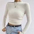thumbnail image 4 of Penkiiy Womens Fall Long Sleeve Stretch Slim Round Neck Ribbed Basic Shirts M Beige, 4 of 9