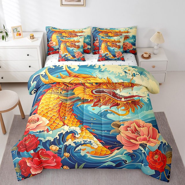 YST Eastern Dragon 7-Piece Comforter Set, Vintage Retro Japanese Style, Animal Theme, Blue, Floral, Full