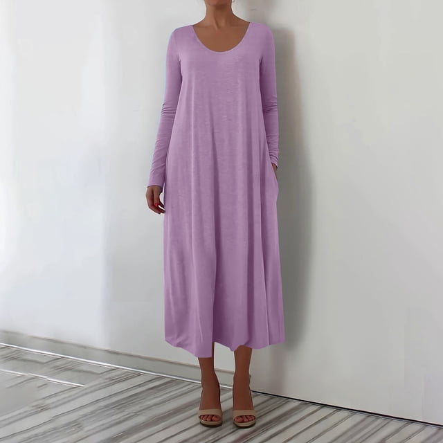 Fznquz Robes Unies pour Femmes 2026 Décontractées Ligne A Manches Longues Violet Grande Taille Robe d'Été Ample Maxi avec Poches Robe pour Femmes