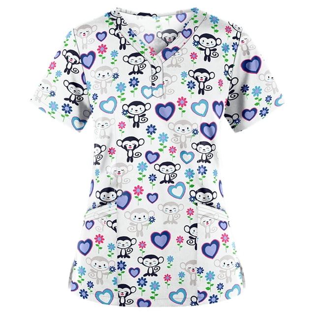 Liquidation d'Économies d'Été RKSTN Sarraus pour Femmes Col en V Manches Courtes Haut Uniforme Imprimé Poches Blouse Soins Infirmiers. Ce Haut de Sarrau Présente un design Ludique avec des Cœurs Colorés, des Fleurs et des Singes de Dessin Animé sur un Fond Blanc. Il a un Col en V, des Manches Courtes et Deux Poches Profondes à l'Avant pour le Rangement. Fabriqué en polyester durable, Il Est Léger et Respirant, Convient aux Longues Heures de Travail. Offert en Plusieurs Tailles, Il Est Idéal pour les Professionnels de la Santé Qui Recherchent un Uniforme Élégant et Fonctionnel