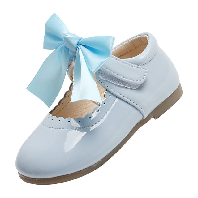 Splozh Girls Glitter Princess Dress Shoes Cute Summer and Spring Girls Boots Cute Flat Solid Color Round Head Ribbon Bow Hook Loop Light Blue,6-7 Years