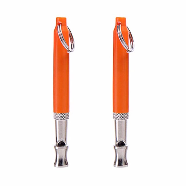 2 Pcs Dog Whistle, Professional Dog Training Whistle to Stop Barking, Adjustable. The image shows two orange dog training whistles with silver stainless steel tips and keychain loops. These lightweight whistles, measuring 3.15 inches, are designed for bark control and pet training. They include lanyards for easy carrying and are safe for pets' ears.