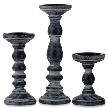 Nuptio Farmhouse Wooden Pillar Candle Holders Set of 3, 6"+8"+12"