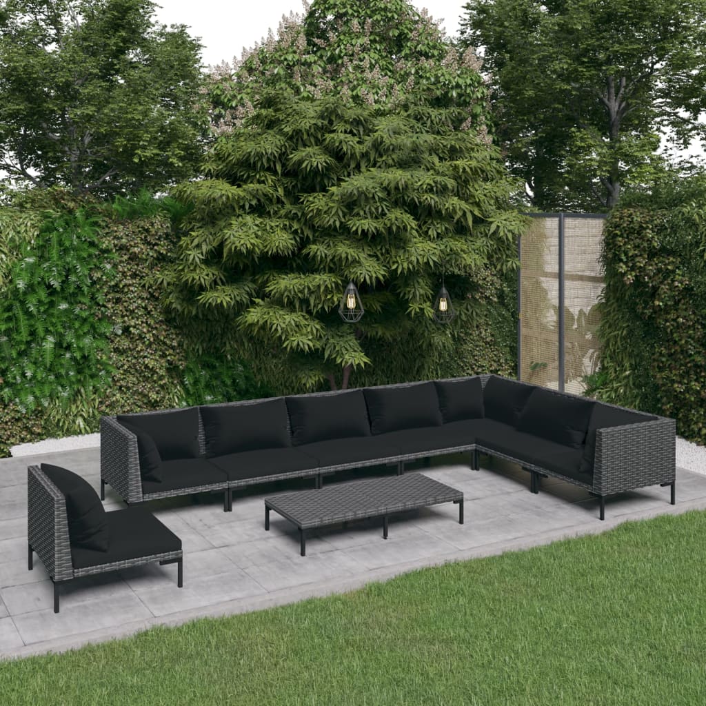 vidaXL Ensemble de Salon de Jardin 9 Pcs avec Coussins en Résine Tressée Gris Foncé