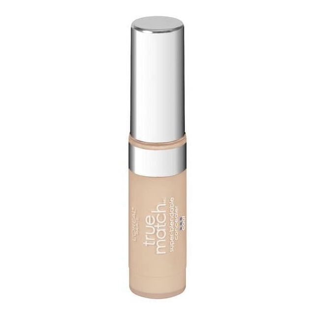 L'Oréal Paris True Match Super Blendable Concealer Warm Concealer, 5.2 ML, in a beige cylindrical tube with a reflective silver cap and band, labeled with white text. This oil-free concealer uses OptiBlend technology to cover skin imperfections and complements foundation and powder for face makeup.