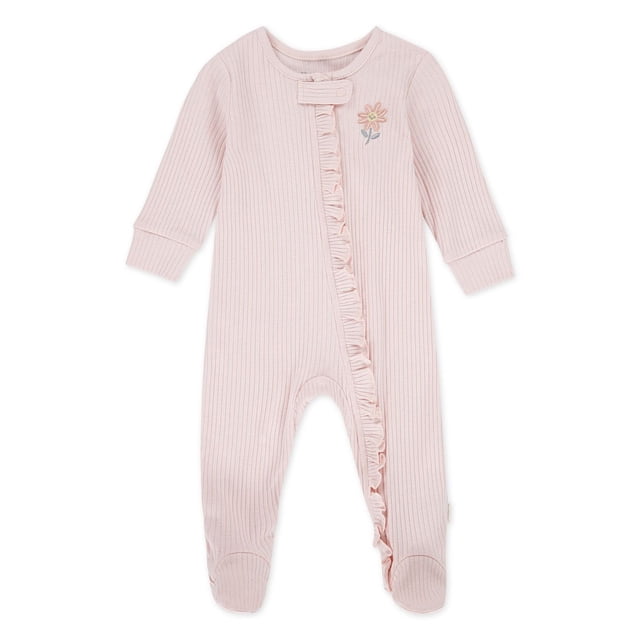 Huggies® Babywear Footed Coverall in light pink organic cotton rib knit fabric with long sleeves, foldover mittens, and footed bottoms. Features a ruffle trim along the 2-way full-zip closure and an embroidered floral design on the chest, providing softness and warmth for baby girls.