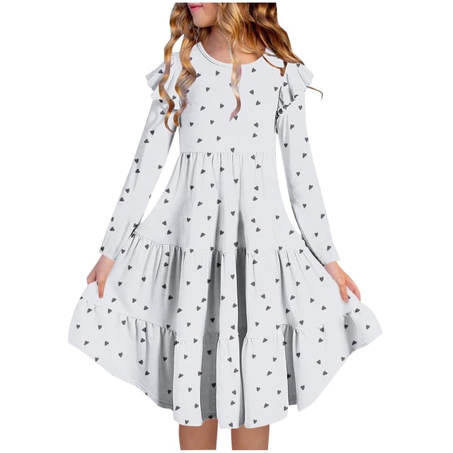 Floleo Robe Trapèze à Étages pour Filles, Blocs de Couleur, Manches Longues, Jupes, Manches Volantées, Printemps Été, Décontractée, Coupe Confortable, Robe de Fête pour Filles (Gris#1, 5-6 Ans)