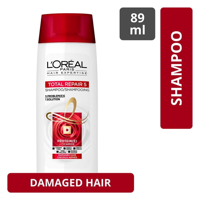 L'Oreal Paris Hair Expertise Réparation Totale 5 Shampoing pour Cheveux Abîmés en Bouteille Blanche de 89 ml avec Bouchon Rouge, Formulé avec des Protéines et du cicamide pour Réparer Cinq Signes de Dommages : Force, Densité, Vitalité, Brillance et Douceur Soyeuse, Idéal pour les Soins Capillaires Quotidiens et la Récupération du Coiffage.