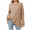 thumbnail image 1 of Yuyuzo Womens Fall Tops Round Neck Long Sleeve Ribbed Knit Loose Tops Solid Color Casual Blouses with Pocket, 1 of 6