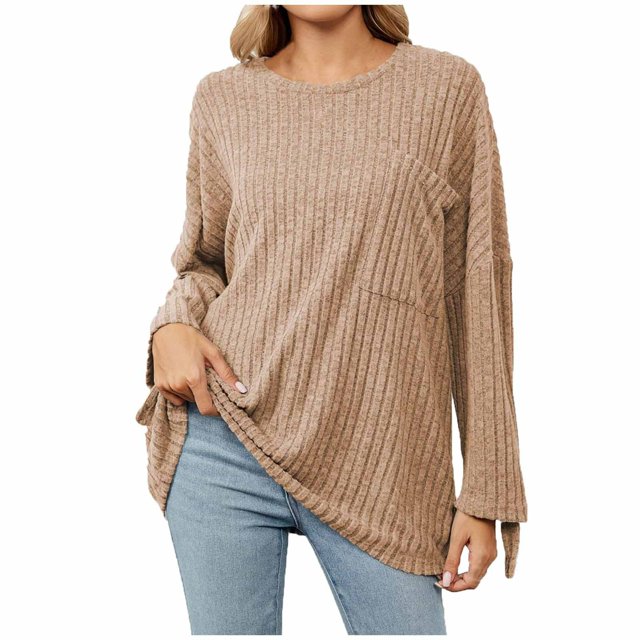 Yuyuzo Womens Fall Tops Round Neck Long Sleeve Ribbed Knit Loose Tops Solid Color Casual Blouses with Pocket