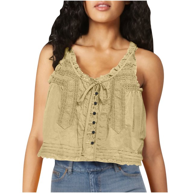 Timegard Tank Top for Women Lace U Neck Drawstring Sleeveless Ruched Button Summer Fashion Casual Tee