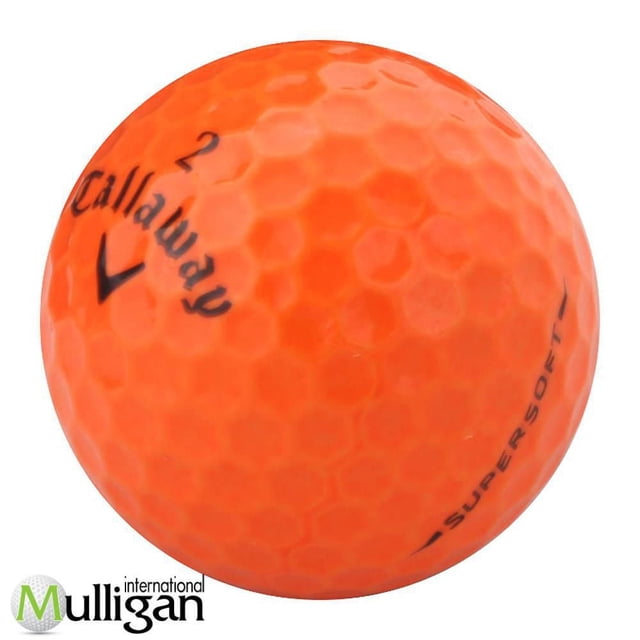 Mulligan - 12 Callaway Supersoft 4A Recycled Used Golf Balls, Orange, close-up of an orange dimpled golf ball with black Callaway logo, number 2, and Supersoft branding, offering near mint condition recycled balls with soft feel and enhanced short game control, also suitable for practice use.