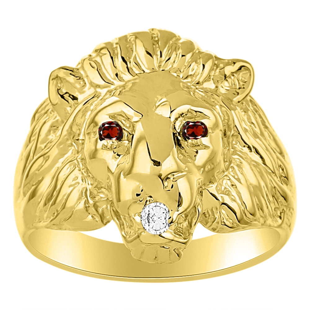 RYLOS Lion Head Ring with Gemstone Eyes & Diamond Mouth – Fun Designer Rings in Yellow Gold Plated Silver Garnet Size 9