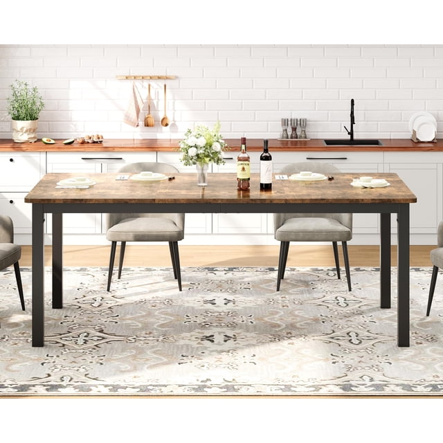Kojooin Long Dining Table for 6 People, Large Rectangle Wood Kitchen Table with Sturdy Metal Legs, Modern Industrial Dining Room Table with Round Corner