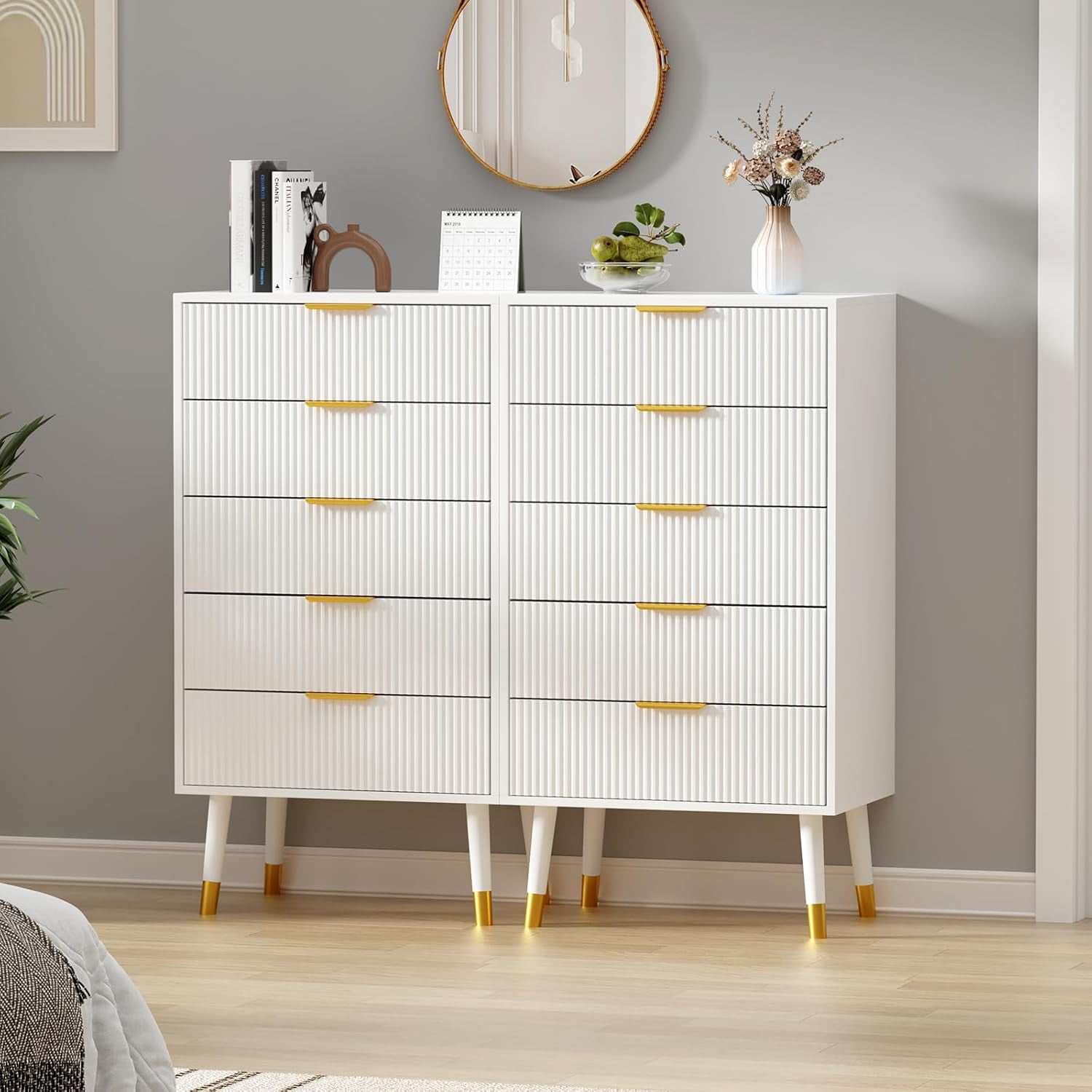 5 Drawer Dresser for Bedroom, Modern Closet Dressers Chest of Drawers, Wood Storage Dresser Chest Cabinet Organizer Unit, Small Fluted Nightstands for Bedroom, White(2 PCS)