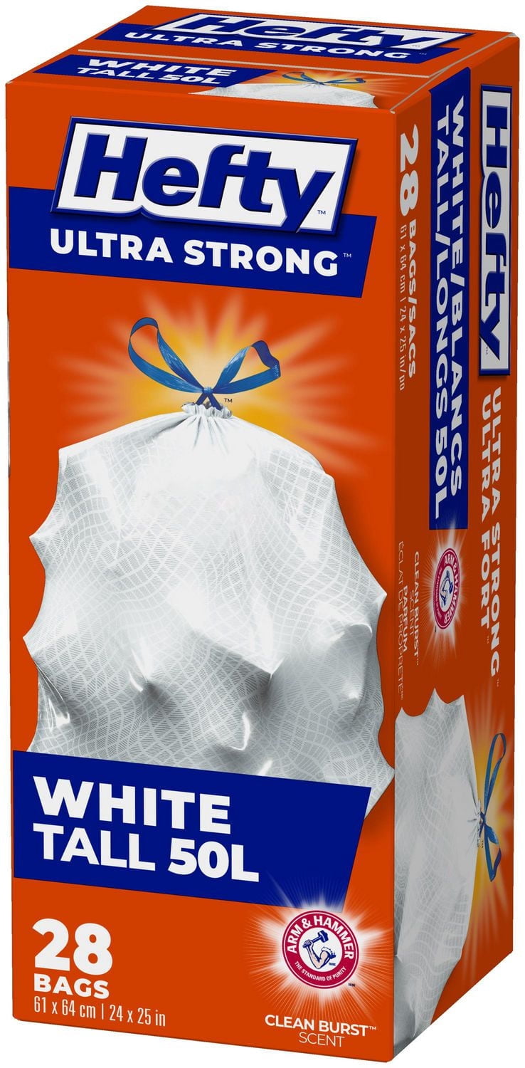 Hefty Garbage Bags, Ultra Strong Tall 50 Litres White Kitchen, Drawstring, Arm & Hammer odour neutralizer, 28 Bags