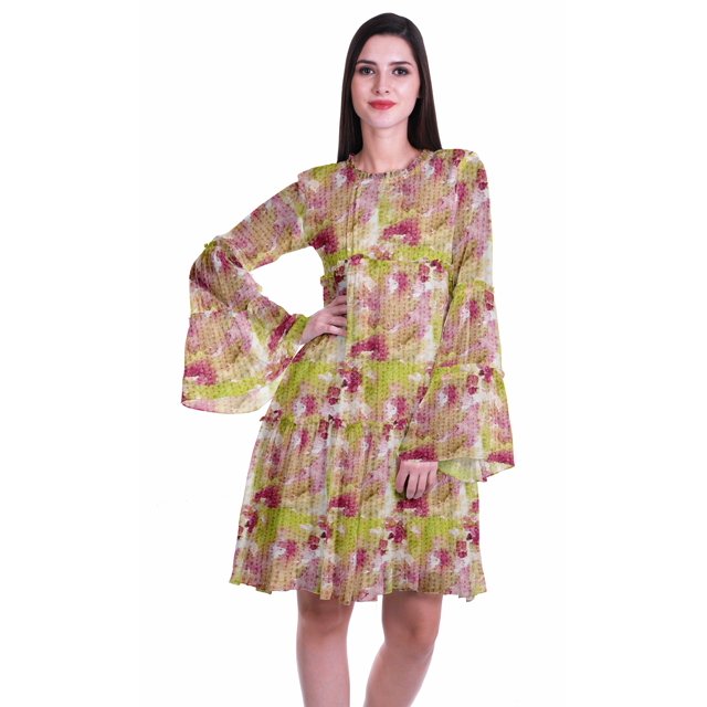 Moomaya Womens Long Sleeve Printed Knee Length Dress Flared Flowy Summer Dress
