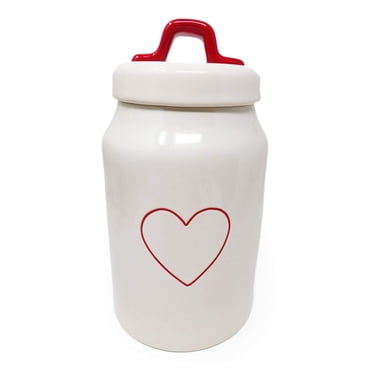 Rae Dunn By Magenta Red Heart Outline Ceramic LL Medium Size 8.5 Inch Canister With Red Lid Handle 2020 Limited Edition
