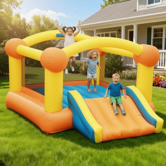 Entil Maison Gonflable à Rebond avec Souffleur, Grande Glissade, Panier de Basketball et Ballon de Basketball Gonflable, Chateaux Rebondissants pour Enfants, 12x9FT