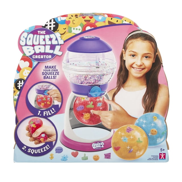 Le Créateur de SQUEEZE BALL Mettant en Vedette un Fabricant de SQUEEZE BALL Violet et Blanc avec une Chambre Transparente Remplie de Paillettes, Trois Balles à Presser Réutilisables Colorées Décorées d'Icônes emoji Assorties, et des instructions Simples pour Remplir et Presser, Conçues pour le Jeu Sensoriel Créatif pour les Enfants de 5 Ans et Plus.