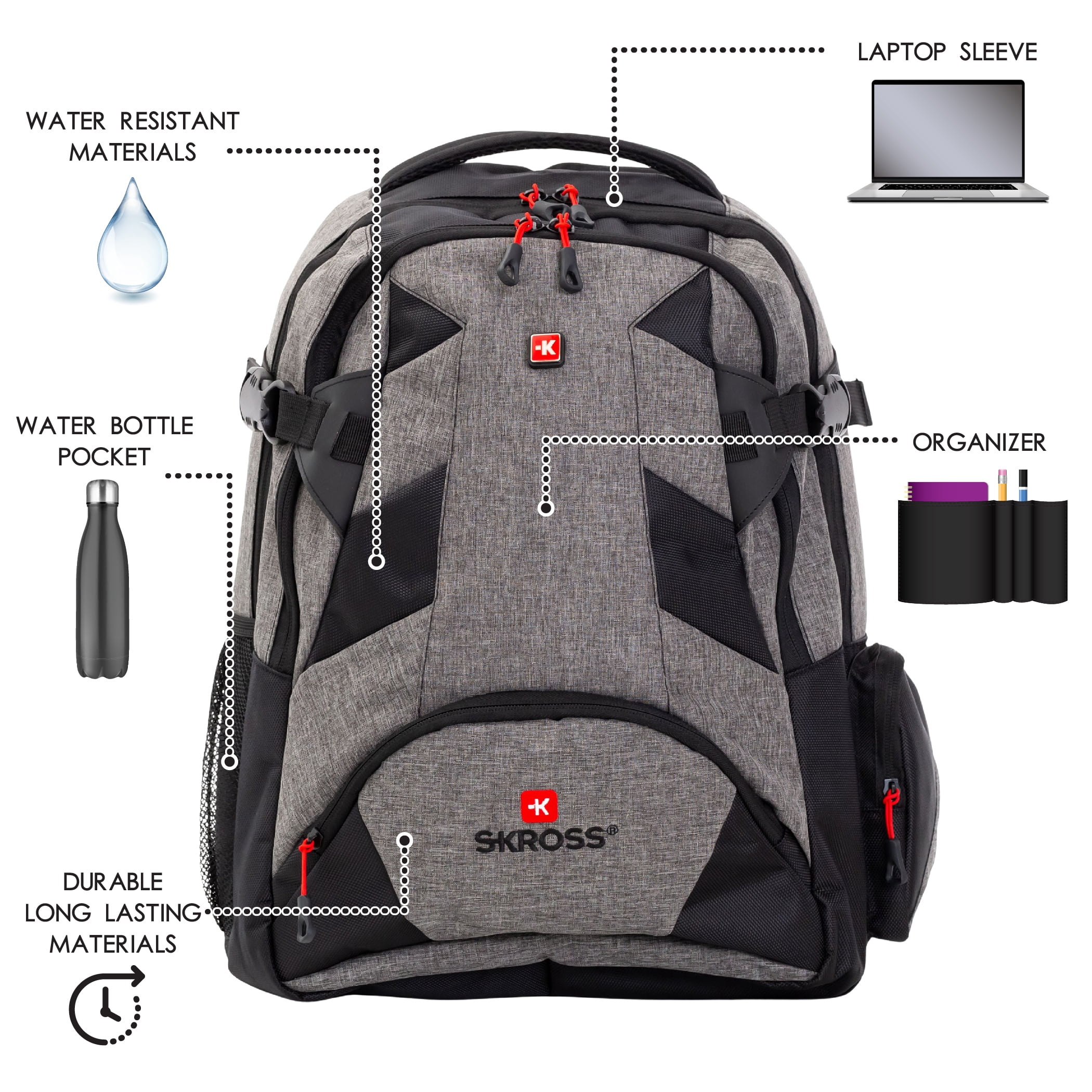 SKROSS School Backpack with Padded Straps and Laptop Pocket, Back