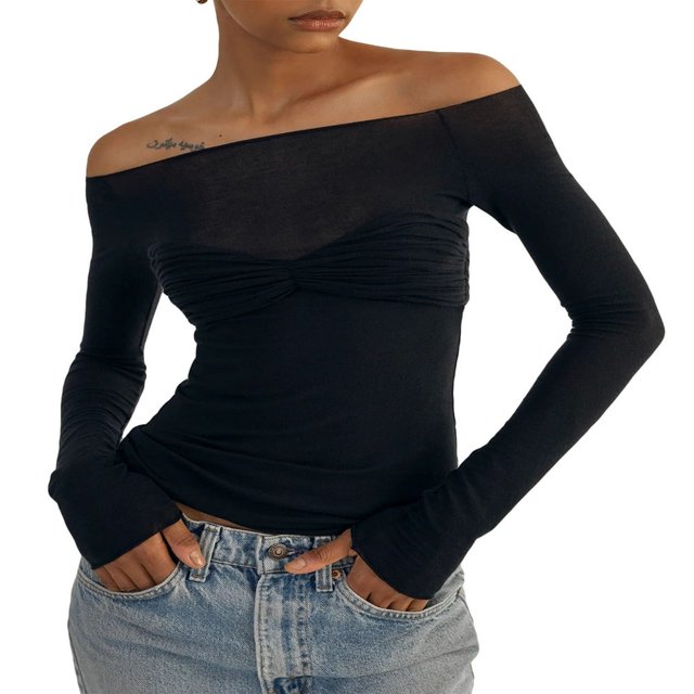 Women y2k Fairycore Tops Solid Color Off Shoulder Flared Long Sleeve T-Shirts