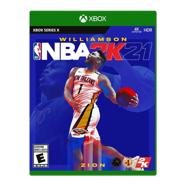 NBA 2K21 Xbox Series X game cover Mettant en Vedette un Joueur de basketball en Chandail Blanc des New Orleans Pelicans avec Numéro 1, Tenant un Ballon de basketball en l'Air sur un Fond Bleu avec le Titre NBA 2K21 et la Marque Xbox.