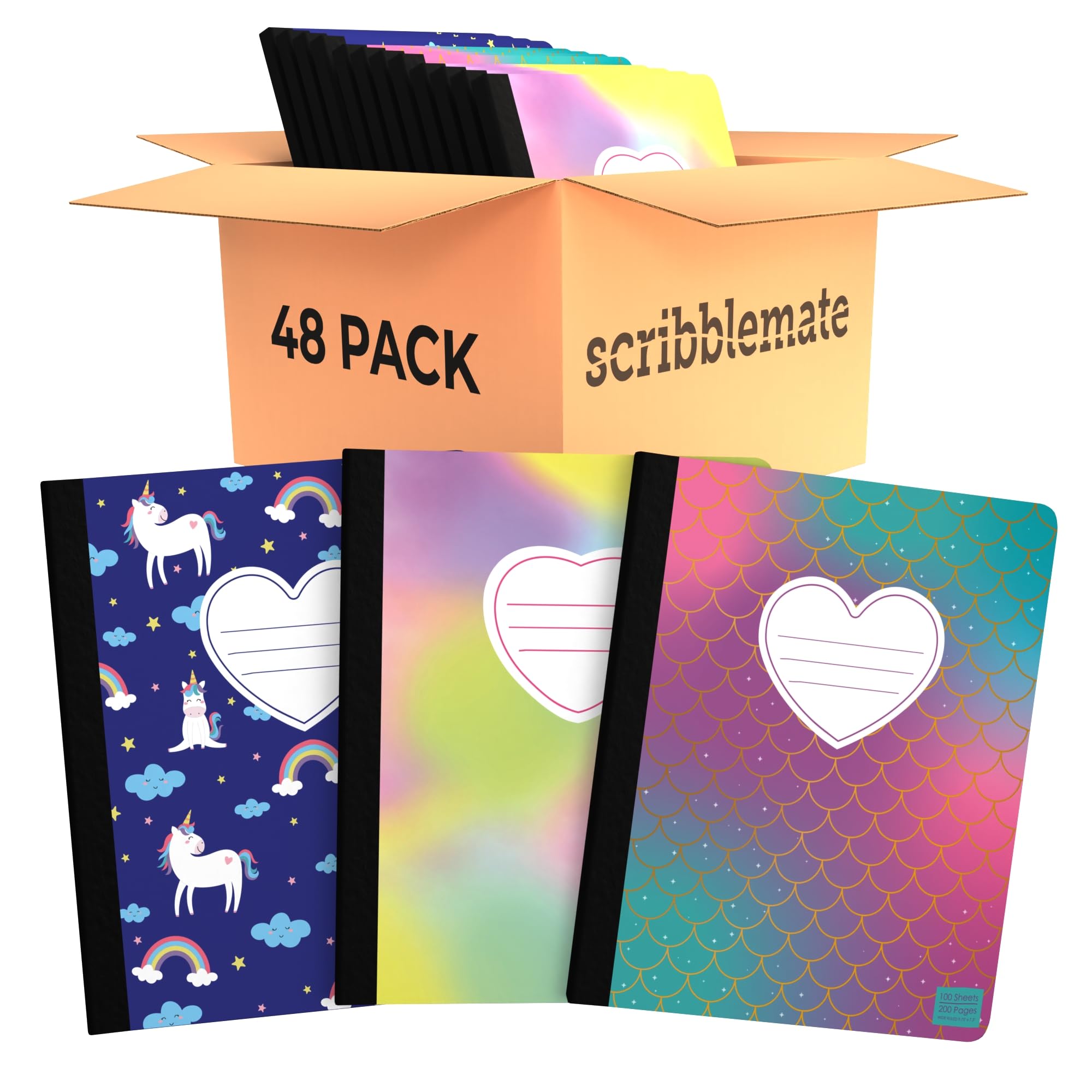 ScribbleMate Cute Composition Notebook Wide Ruled, Bulk Composition Notebpooks for Kids, Wide Ruled Composition Notebook for Boys and Girls. 100 page