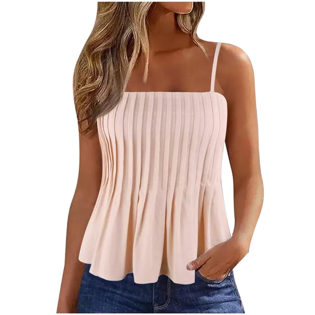 AherBiu Camisole Tops for Women Boho Ruffle Spaghetti Strap Square Neck Sleeveless Ruched Cute Tank Tops
