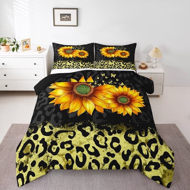 Erosebridal Botanical Sunflower Bedding Twin Comforter Set, Gold Leopard Cheetah Print Duvet Insert, Reversible 2pcs