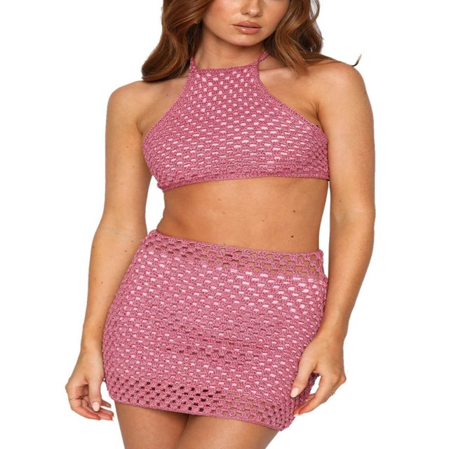 Ensemble 2 Pcs Sans Manches Bodycon Tricoté pour Femmes Haut Court Col Halter + Jupes Courtes Mode Urbaine