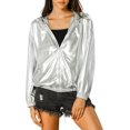 thumbnail image 3 of INSPIRE CHIC Women's Shiny Long Sleeve Zipper Hooded Metallic Jacket, 3 of 8
