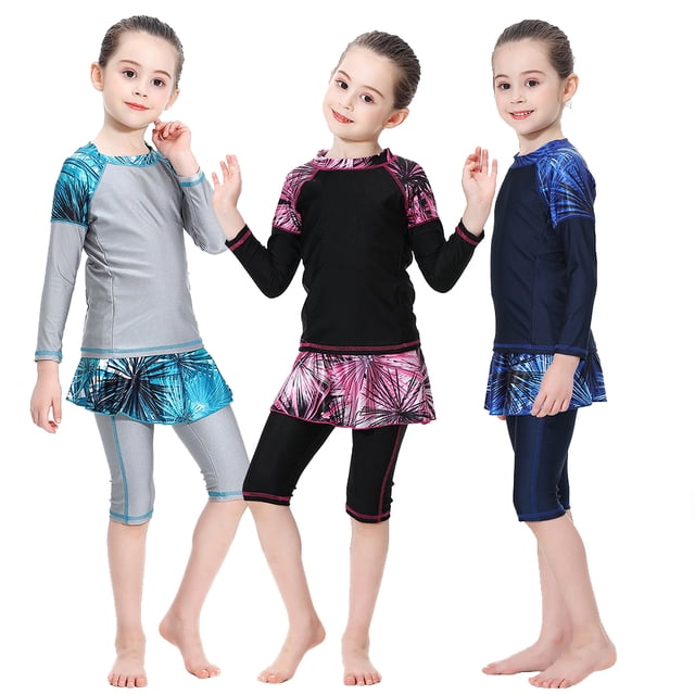 KYAIGUO 2-14T Girls Long Sleeve Rash Guard Swimsuits with Hat Three-Piece UPF50+ Sun Protection Bathing Suits Quick Dry Beach Swimwear for Kids Toddler Baby