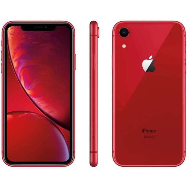 Remis à Neuf Apple iPhone XR A1984 (Déverrouillé Entièrement) 128 Go Rouge (Grade A) Affiché en Trois angles : avant, Côté et Arrière. Doté d'Un Écran Liquid Retina LCD de 6,1 Pouces, iOS 15.4, Dos en Verre Rouge et Cadre en Aluminium. Comprend un Face ID Avancé et un Appareil Photo Arrière de 12 MP avec Couvercle d'Objectif en Cristal de Saphir. Idéal pour les Utilisateurs à la Recherche d'Un Téléphone Déverrouillé aux Performances Fiables.