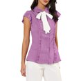 thumbnail image 4 of INSPIRE CHIC Women's Ruffled Bow Tie Peter Pan Collar Button Down Chiffon Shirt XS Purple, 4 of 7