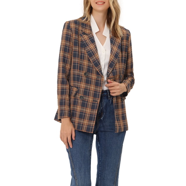 INSPIRE CHIC Women's Jacket Notched Lapel Double Breasted Padded Shoulder Blazer S Blue Orange